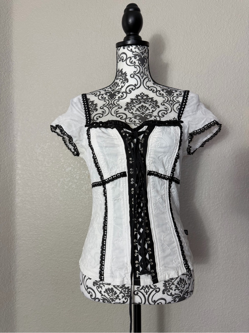 Tripp NYC White Brocade Corset Lace-Up Top with Black Trim